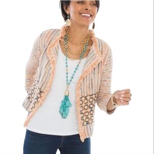 Chicos Open Front Chunky Knit Cardigan Colorful Fringe Trim Size 3 Large